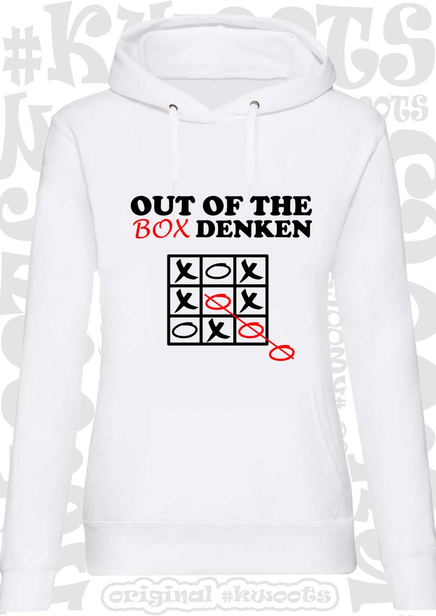 OUT OF THE BOX DENKEN dames hoodie - Wit - Maat L - lange mouwen - Met capuchon en steekzakken - grappige teksten - leuke truien | sweaters - humor - quotes - kwoots - kado - cadeau - Anders denken